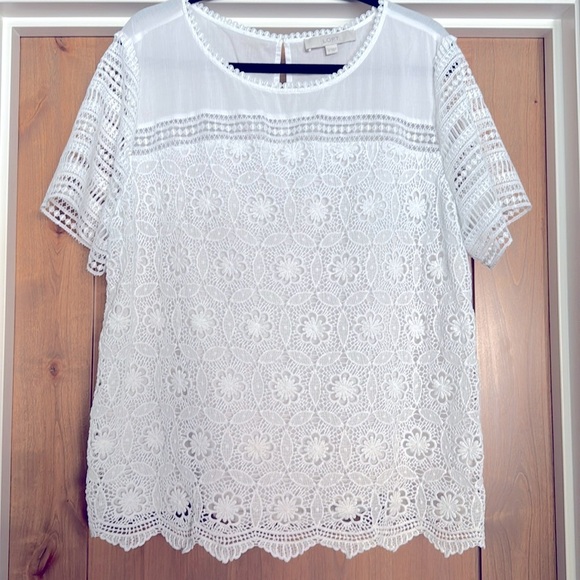 LOFT white eyelet lace blouse crochet top Womens XL sheer keyhole back Romantic - Picture 1 of 10